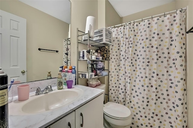 bathroom featuring toilet, vanity, and a shower with curtain