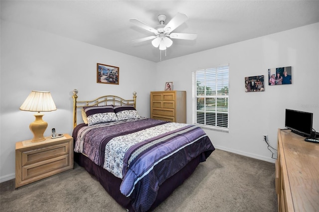 bedroom with ceiling fan and light colored carpet