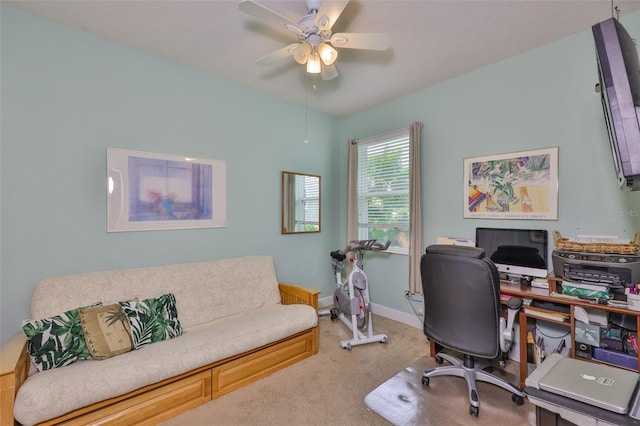 6516 Salt Creek Ave, Apollo Beach, FL 33572 - home office with light carpet, a ceiling fan, and baseboards