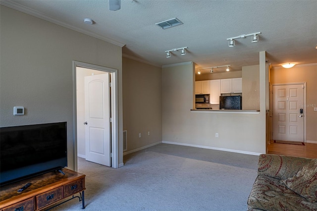 carpeted living room with rail lighting, ornamental molding, and a textured ceiling