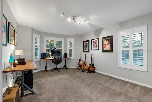 office space with light carpet and track lighting