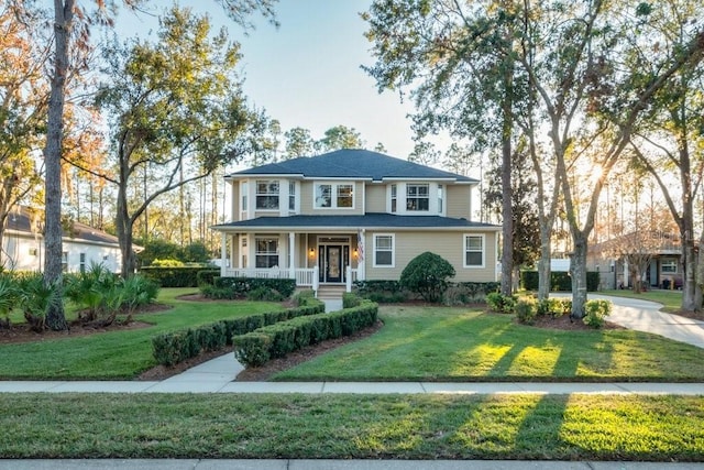 view of front of property featuring covered porch and a front yard