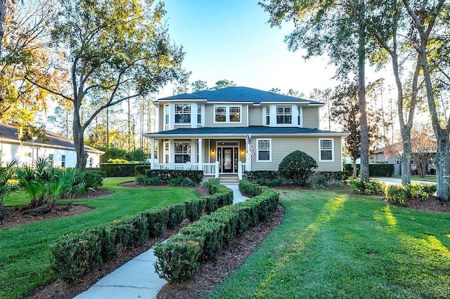 view of front facade featuring covered porch and a front lawn