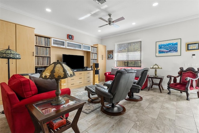 living room featuring crown molding and ceiling fan