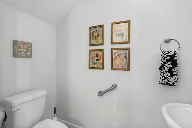 bathroom with toilet, lofted ceiling, and a textured ceiling