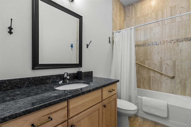 full bathroom with vanity, toilet, wood-type flooring, and shower / bath combo with shower curtain