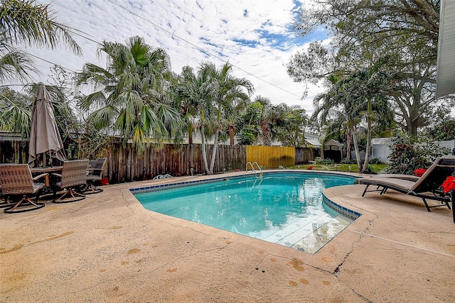 view of pool with a shed and a patio