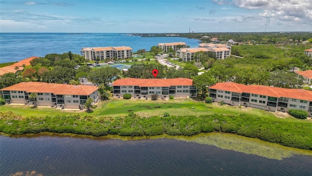 aerial view featuring a water view