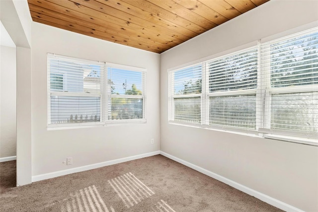 empty room featuring carpet flooring and wood ceiling