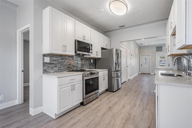 kitchen featuring white cabinets, sink, decorative backsplash, light hardwood / wood-style floors, and stainless steel appliances