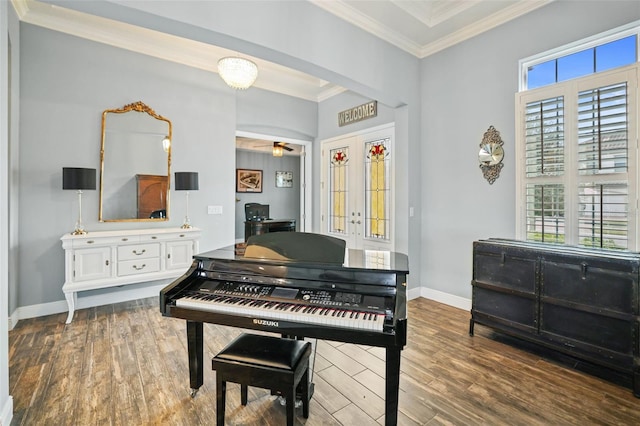 misc room featuring ceiling fan, french doors, ornamental molding, and hardwood / wood-style flooring