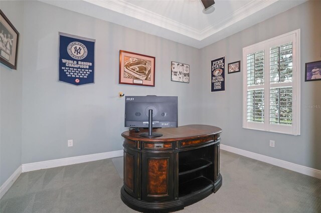 office space with ceiling fan, carpet flooring, crown molding, and a raised ceiling