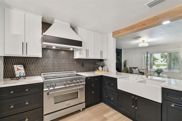 kitchen with high end range, white cabinetry, tasteful backsplash, premium range hood, and sink