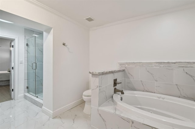 bathroom featuring toilet, ornamental molding, and shower with separate bathtub