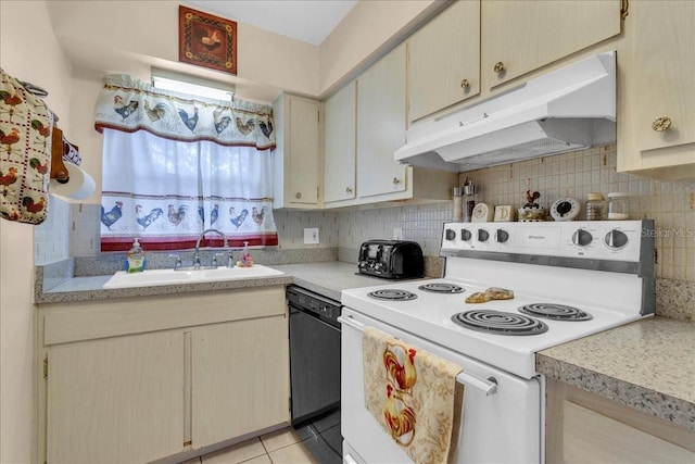 kitchen featuring black dishwasher, tasteful backsplash, light tile patterned flooring, white range with electric cooktop, and sink