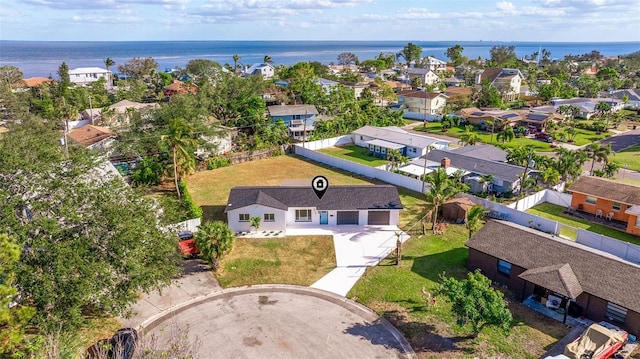 drone / aerial view featuring a water view