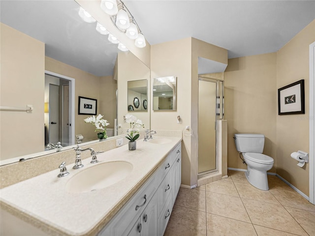 bathroom with tile patterned flooring, vanity, toilet, and a shower with shower door