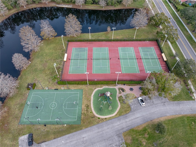 drone / aerial view with a water view