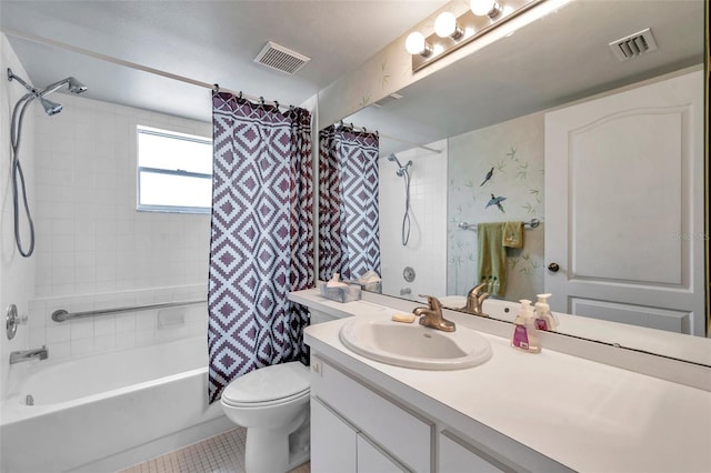 full bathroom with shower / tub combo, vanity, tile patterned floors, and toilet