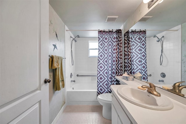 full bathroom with shower / bath combination with curtain, vanity, toilet, and tile patterned flooring