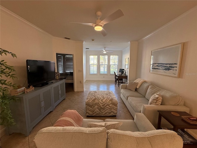 living room featuring ceiling fan, light tile patterned flooring, and ornamental molding