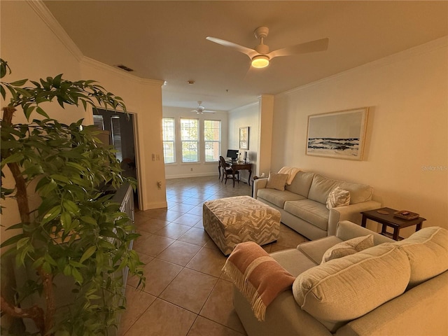 living room featuring ceiling fan, light tile patterned floors, and ornamental molding