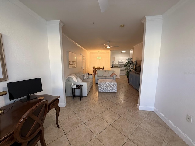 living room with ceiling fan, light tile patterned flooring, and crown molding