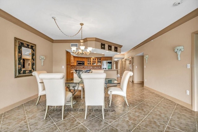 tiled dining space with ornamental molding and a chandelier