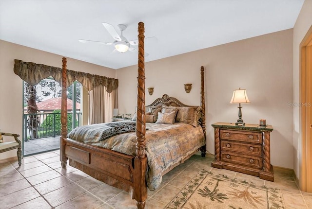 tiled bedroom featuring ceiling fan and access to exterior