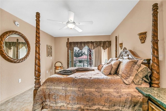 bedroom with access to exterior, ceiling fan, and light tile patterned flooring