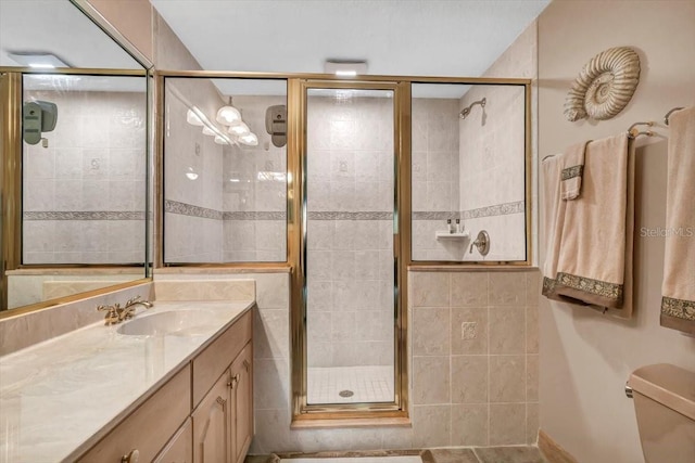 bathroom with vanity, an enclosed shower, and toilet