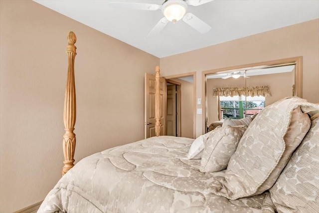 bedroom with ceiling fan and a closet