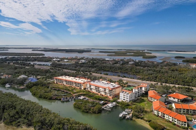 drone / aerial view with a water view