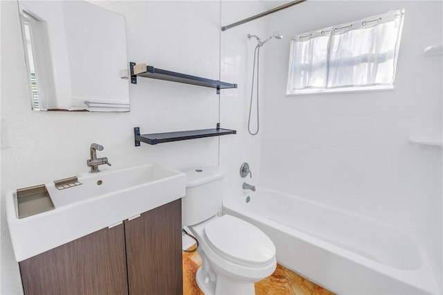 bathroom with bathtub / shower combination, vanity, and toilet