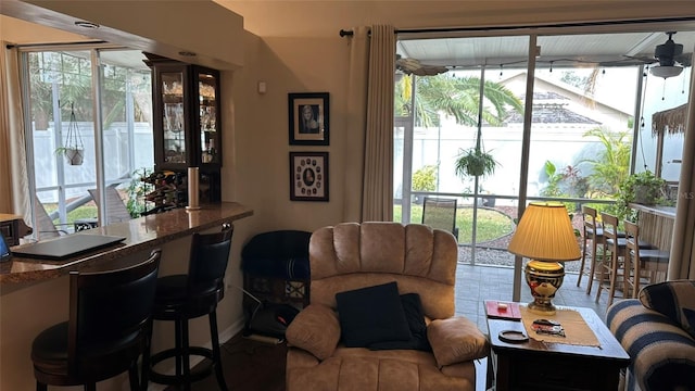 living room featuring ceiling fan