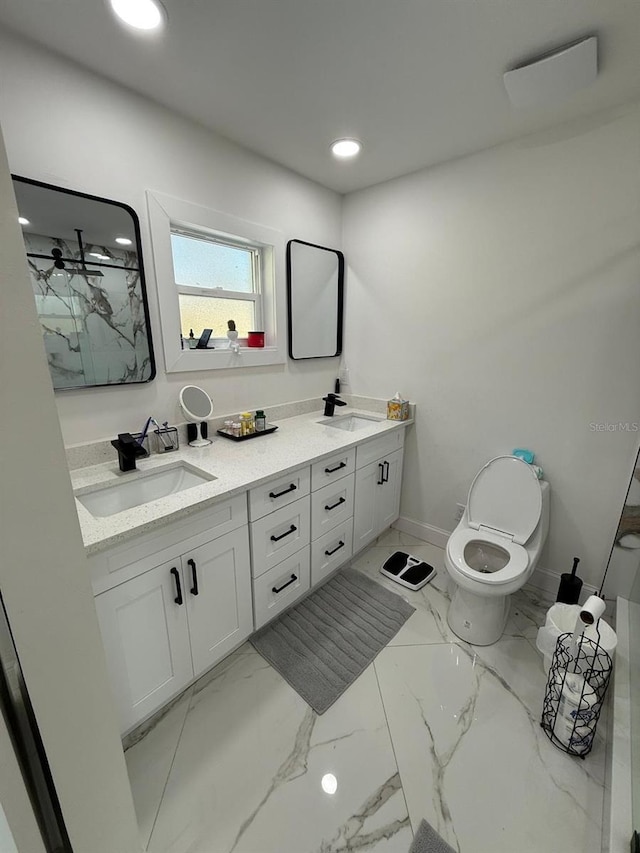 bathroom with a shower, vanity, and toilet