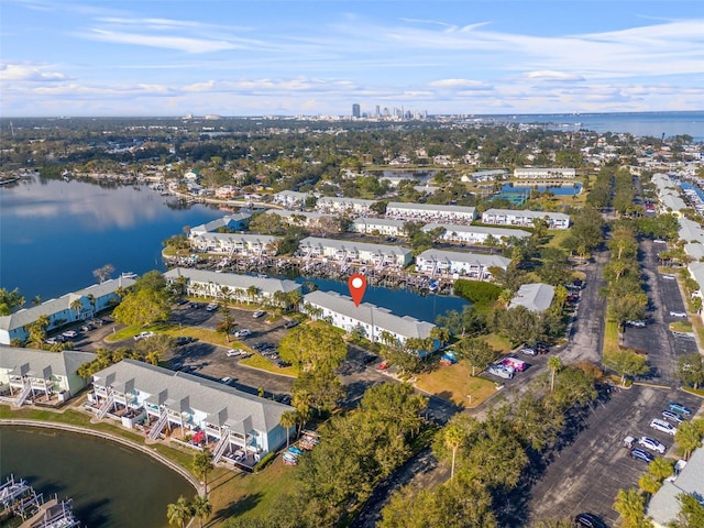 bird's eye view with a water view