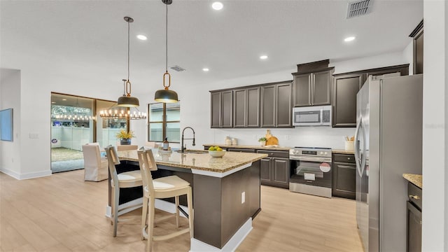 kitchen featuring sink, hanging light fixtures, appliances with stainless steel finishes, an island with sink, and light stone counters