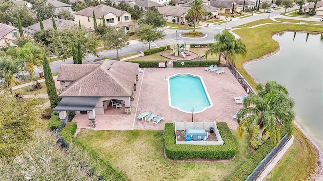 drone / aerial view featuring a water view