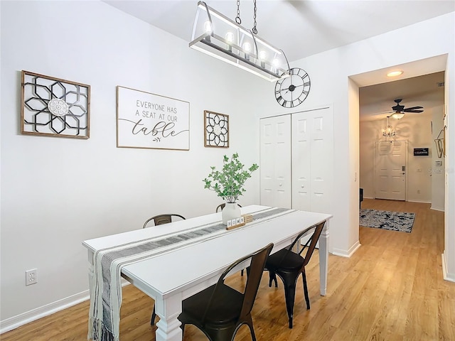 dining room featuring ceiling fan and light hardwood / wood-style flooring