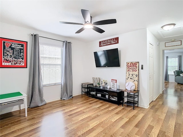 living room with light hardwood / wood-style floors and ceiling fan