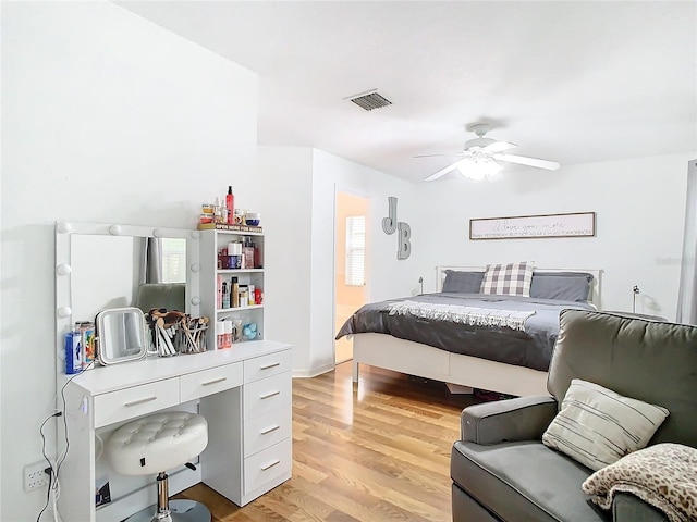 bedroom featuring ceiling fan and light wood-type flooring