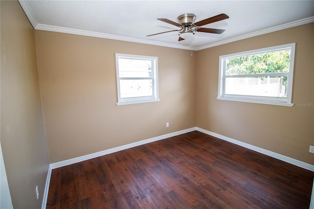 unfurnished room with hardwood / wood-style floors, crown molding, ceiling fan, and a healthy amount of sunlight