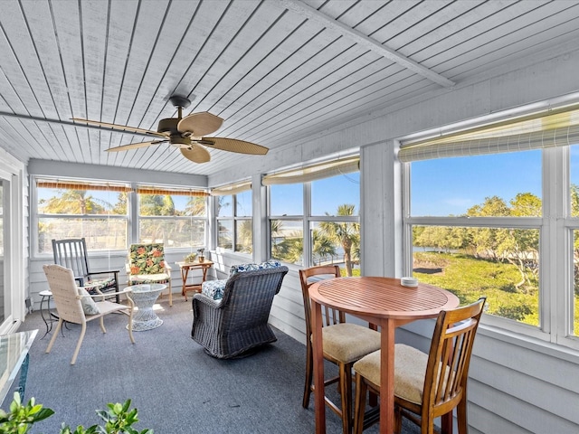 sunroom with ceiling fan and wood ceiling