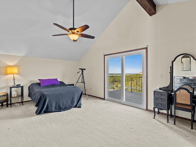 carpeted bedroom featuring beamed ceiling, ceiling fan, high vaulted ceiling, and access to outside