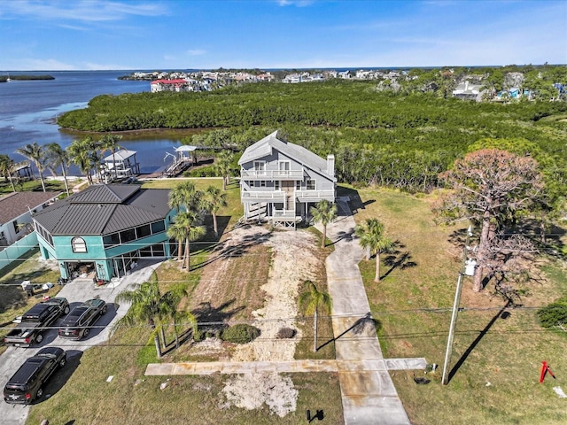 aerial view featuring a water view