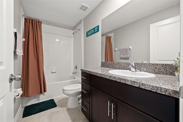 full bathroom with tile patterned floors, vanity, shower / bath combination with curtain, and toilet