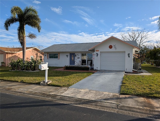 ranch-style house featuring cooling unit, a front yard, and a garage