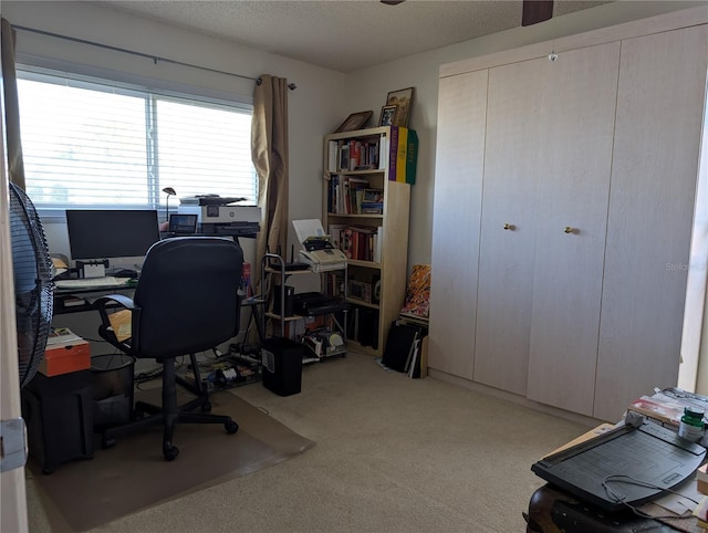 carpeted office space featuring a textured ceiling