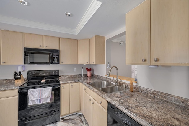 kitchen with sink, black appliances, light brown cabinets, and ornamental molding